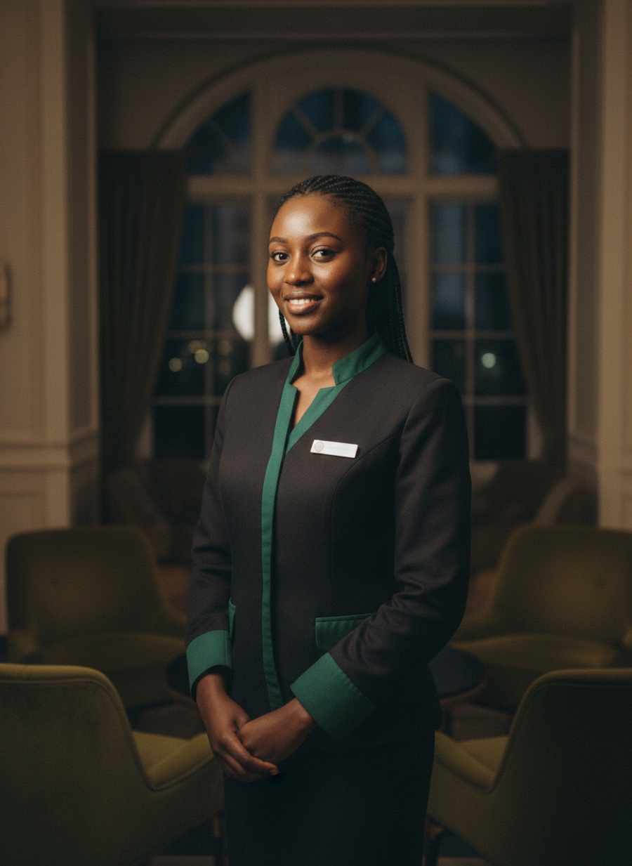 Maya, a customized hotel concierge employee in uniform